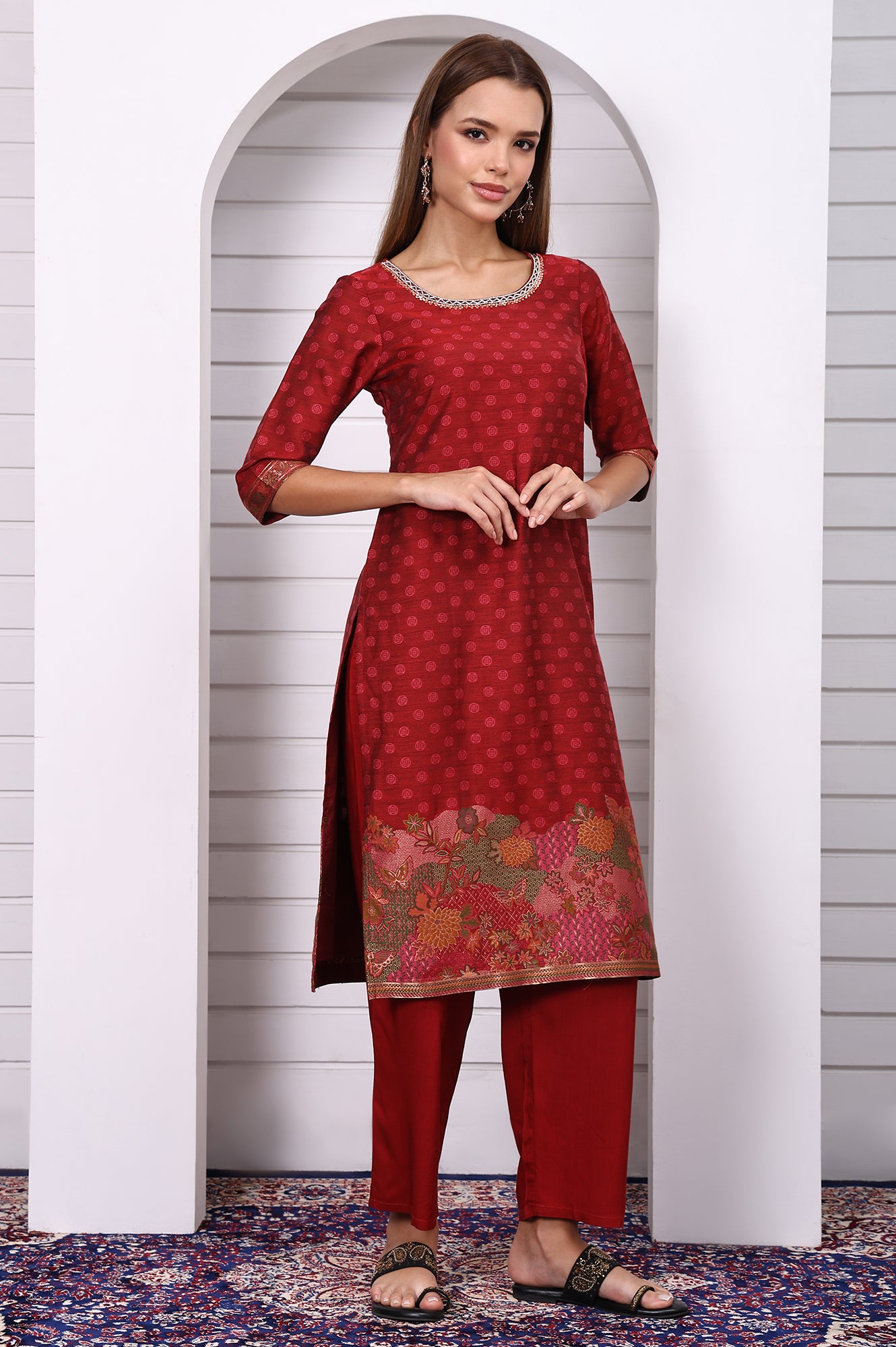 Red Floral Printed Hand Work Jacquard Straight Kurta, Palazzo and Dupatta Set