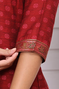 Red Floral Printed Hand Work Jacquard Straight Kurta, Palazzo and Dupatta Set