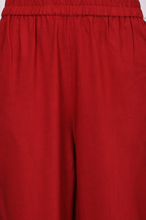 Red Floral Printed Hand Work Jacquard Straight Kurta, Palazzo and Dupatta Set