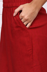 Red Floral Printed Hand Work Jacquard Straight Kurta, Palazzo and Dupatta Set