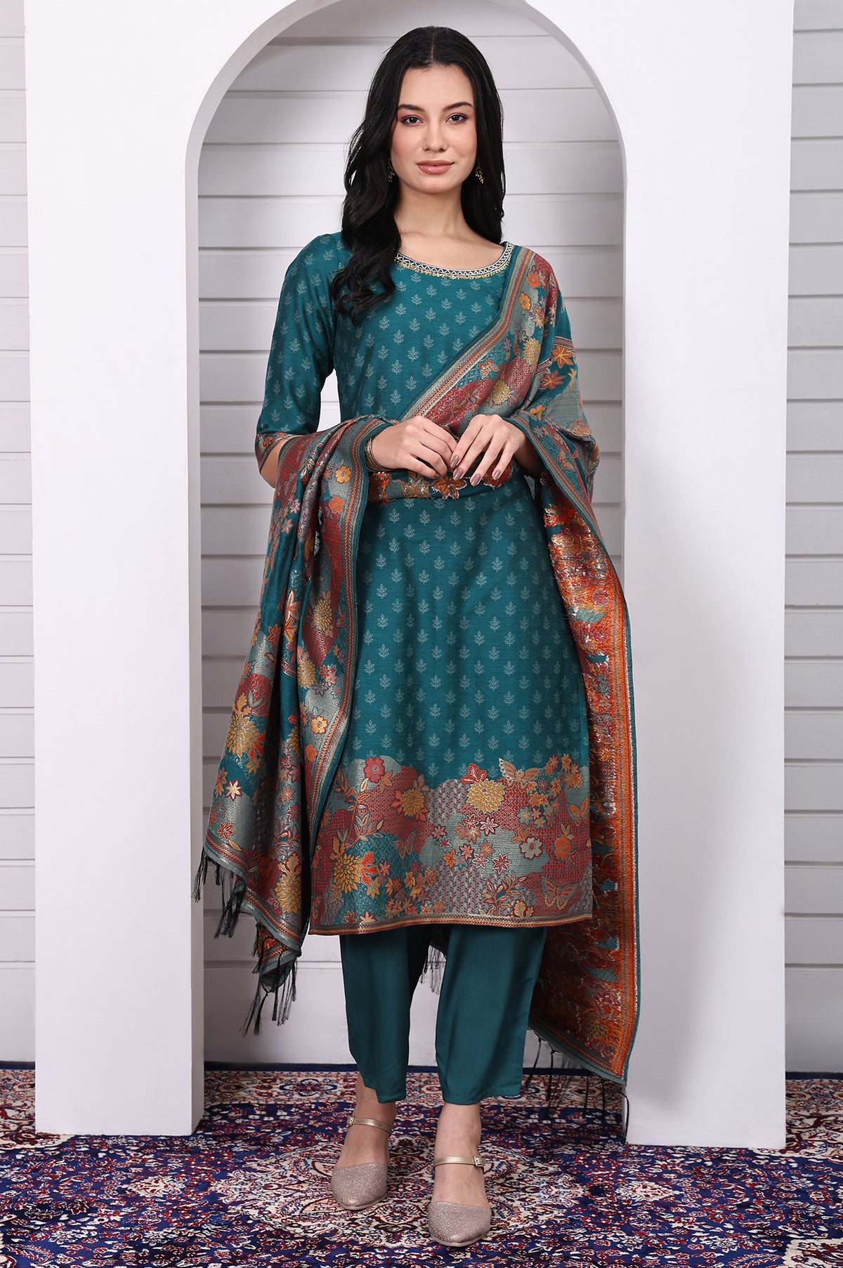Green Floral Printed Hand Work Jacquard Straight Kurta, Palazzo and Dupatta Set - S