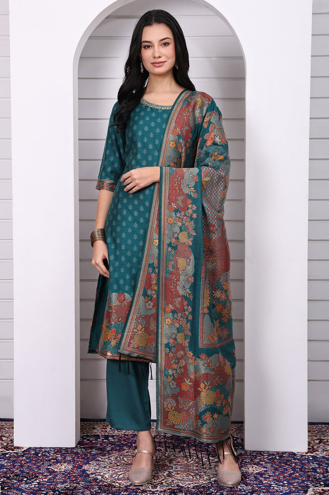Green Floral Printed Hand Work Jacquard Straight Kurta, Palazzo and Dupatta Set