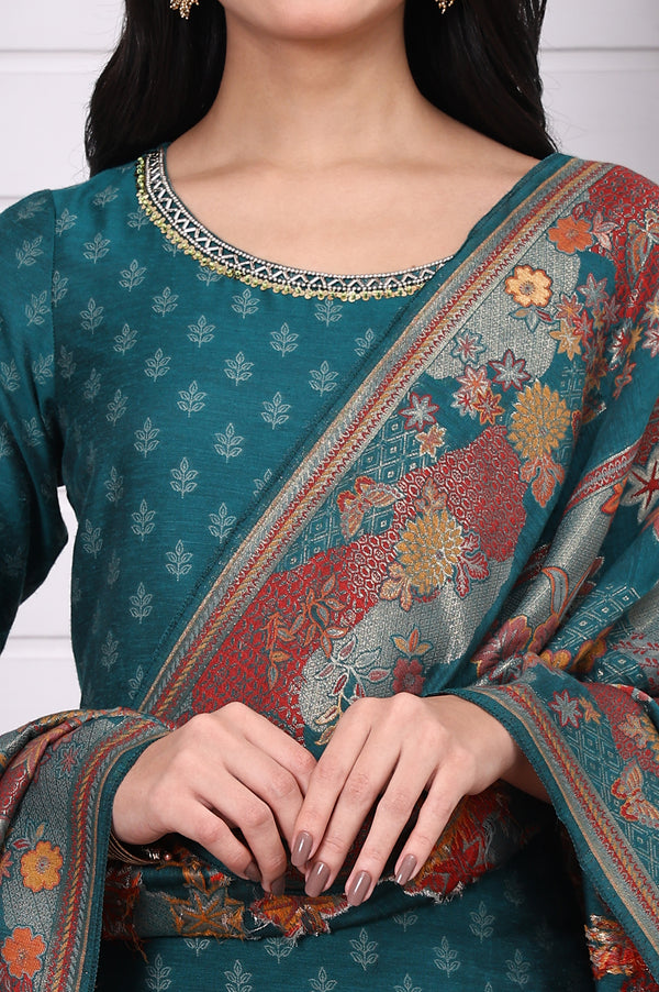 Green Floral Printed Hand Work Jacquard Straight Kurta, Palazzo and Dupatta Set