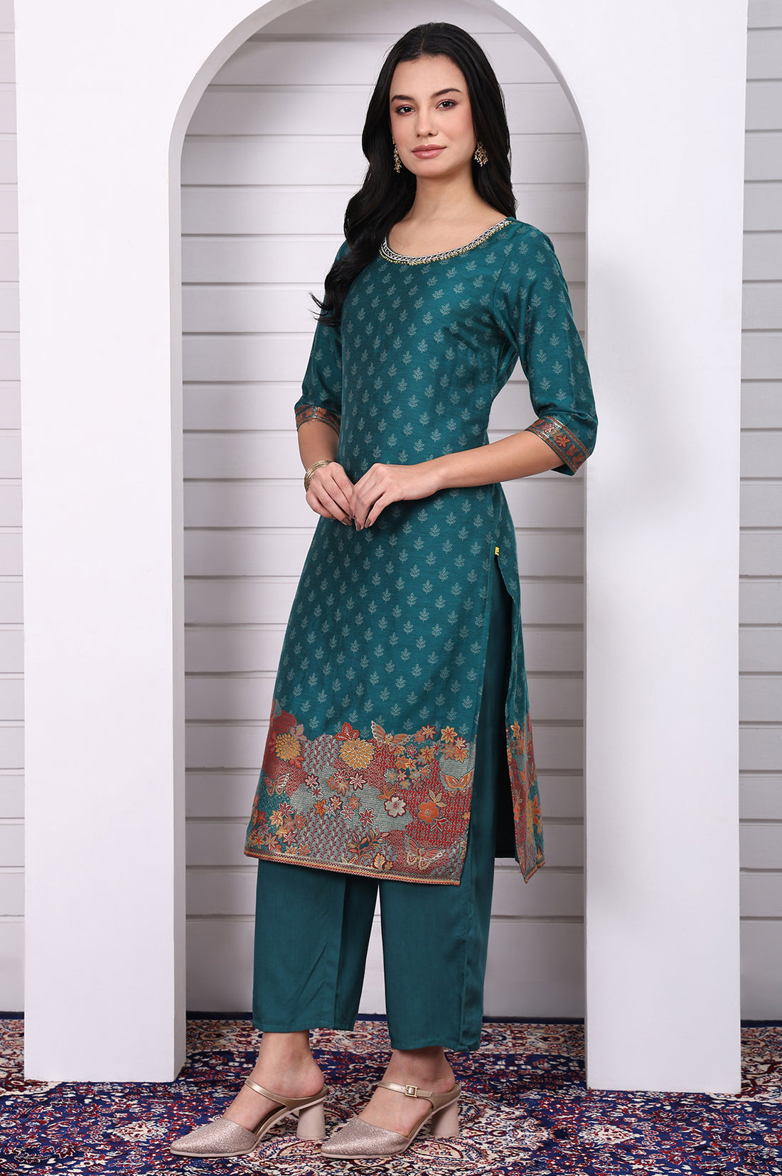 Green Floral Printed Hand Work Jacquard Straight Kurta, Palazzo and Dupatta Set