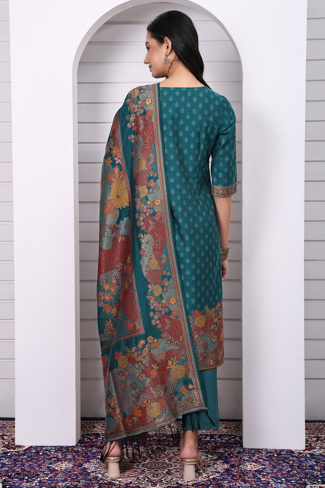 Green Floral Printed Hand Work Jacquard Straight Kurta, Palazzo and Dupatta Set
