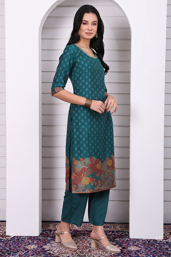 Green Floral Printed Hand Work Jacquard Straight Kurta, Palazzo and Dupatta Set