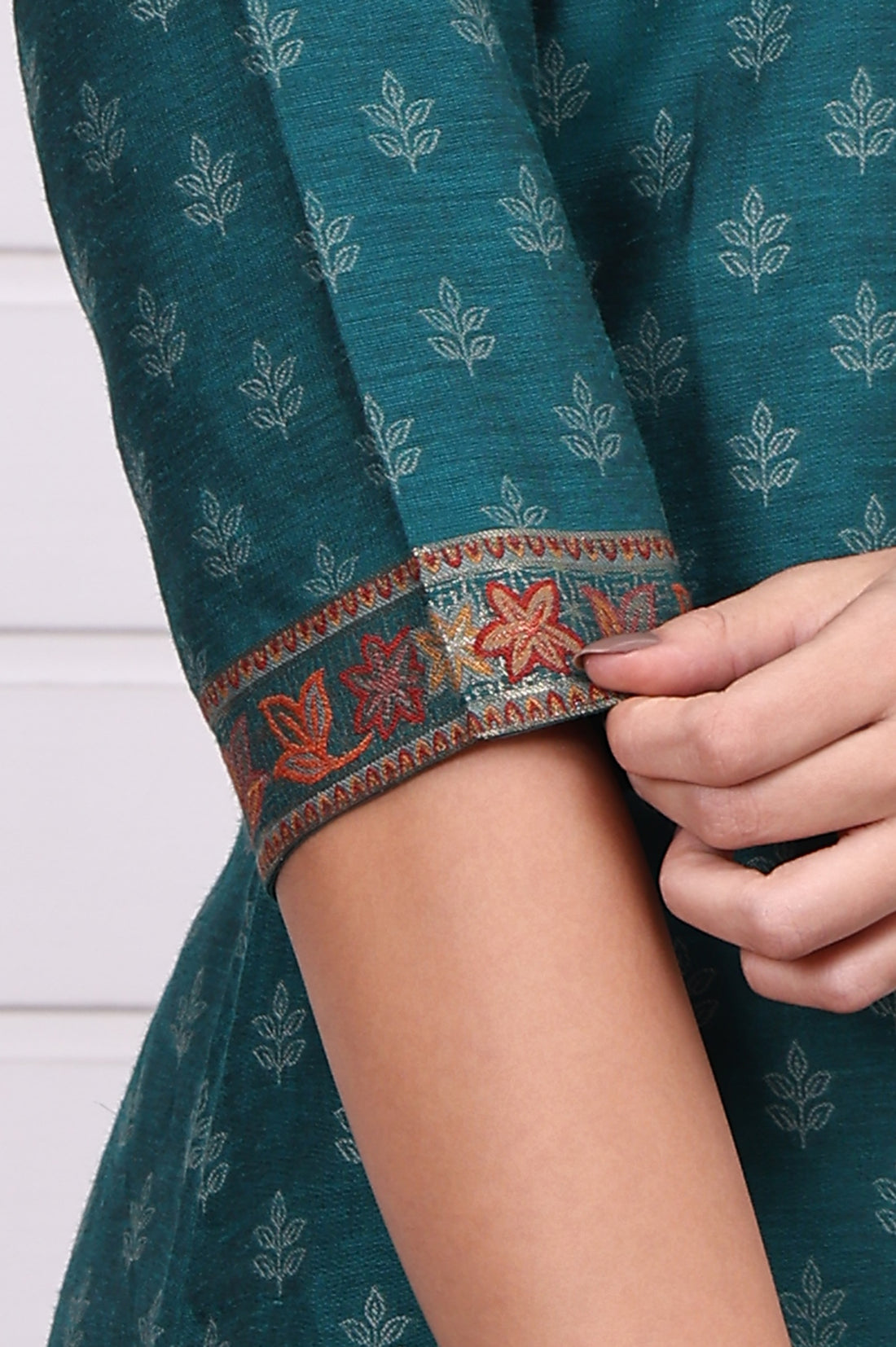 Green Floral Printed Hand Work Jacquard Straight Kurta, Palazzo and Dupatta Set