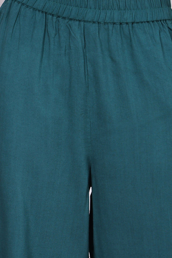 Green Floral Printed Hand Work Jacquard Straight Kurta, Palazzo and Dupatta Set