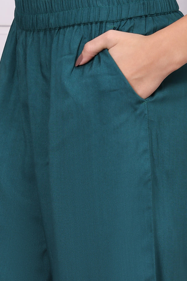 Green Floral Printed Hand Work Jacquard Straight Kurta, Palazzo and Dupatta Set