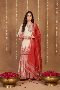 Off-White and Red Floral Printed Straight Kurta with Sharara and Dupatta Set