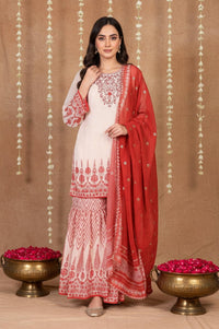 Off-White and Red Floral Printed Straight Kurta with Sharara and Dupatta Set