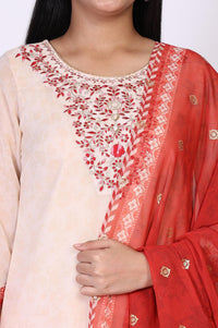 Off-White and Red Floral Printed Straight Kurta with Sharara and Dupatta Set