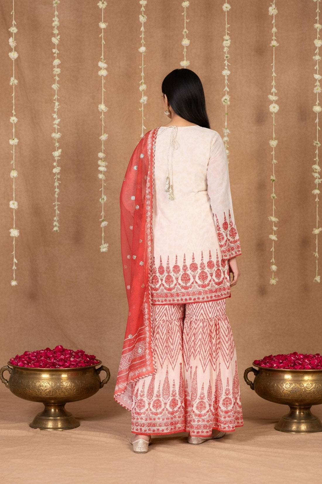 Off-White and Red Floral Printed Straight Kurta with Sharara and Dupatta Set