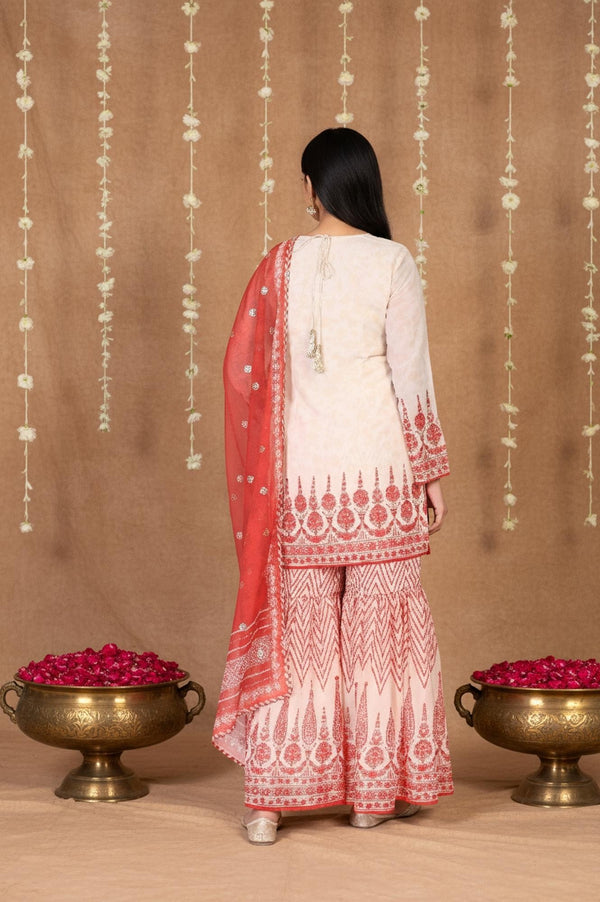 Off-White and Red Floral Printed Straight Kurta with Sharara and Dupatta Set