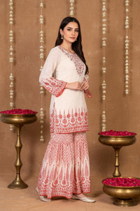 Off-White and Red Floral Printed Straight Kurta with Sharara and Dupatta Set