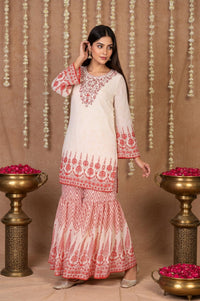 Off-White and Red Floral Printed Straight Kurta with Sharara and Dupatta Set