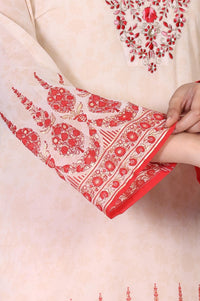 Off-White and Red Floral Printed Straight Kurta with Sharara and Dupatta Set
