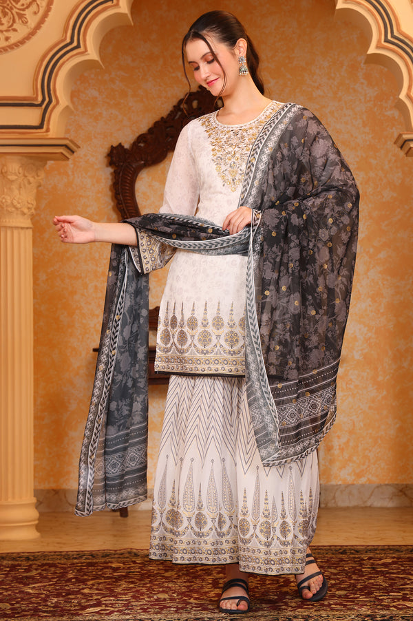 White Abstract Printed Zari Embroidered Straight Kurta, Sharara and Dupatta Set
