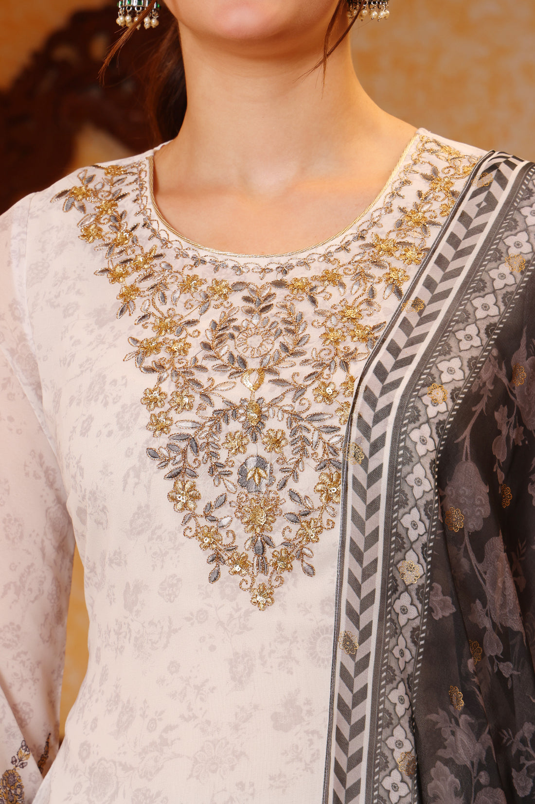 White Abstract Printed Zari Embroidered Straight Kurta, Sharara and Dupatta Set