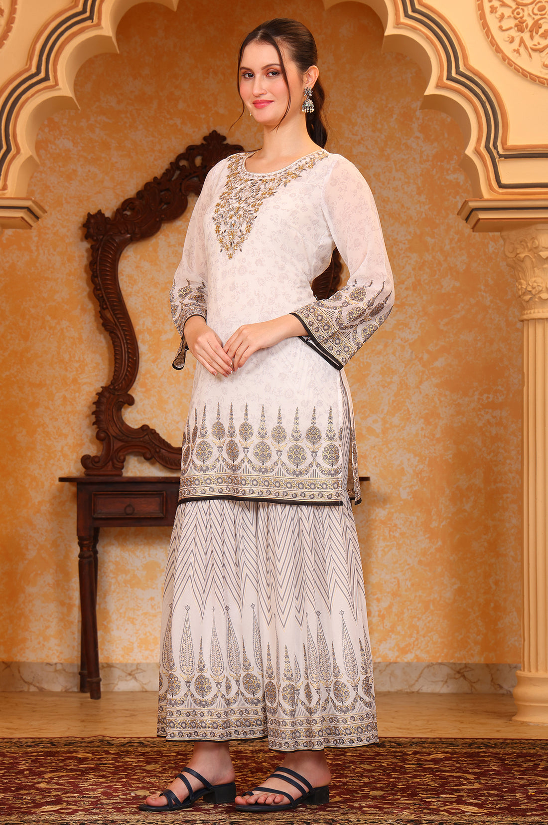 White Abstract Printed Zari Embroidered Straight Kurta, Sharara and Dupatta Set