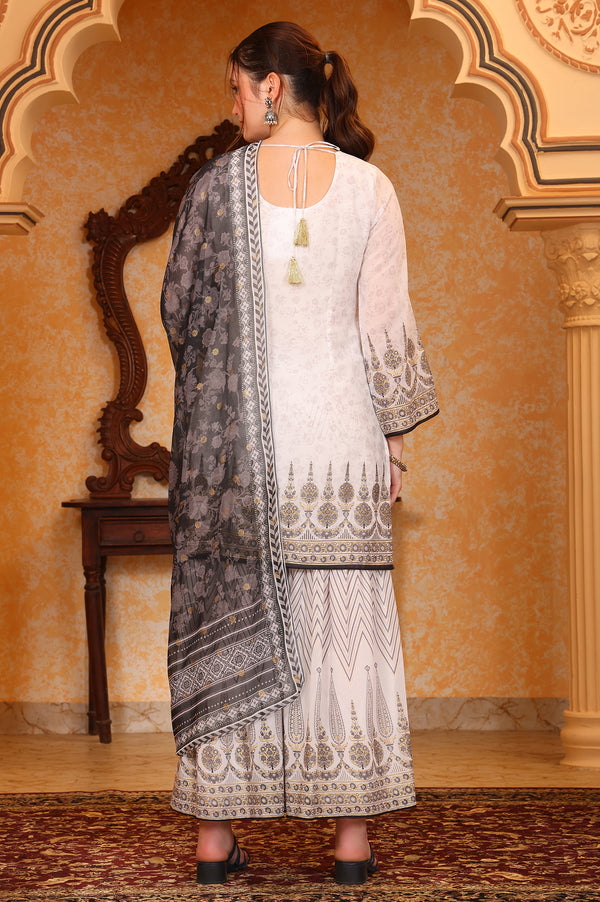 White Abstract Printed Zari Embroidered Straight Kurta, Sharara and Dupatta Set