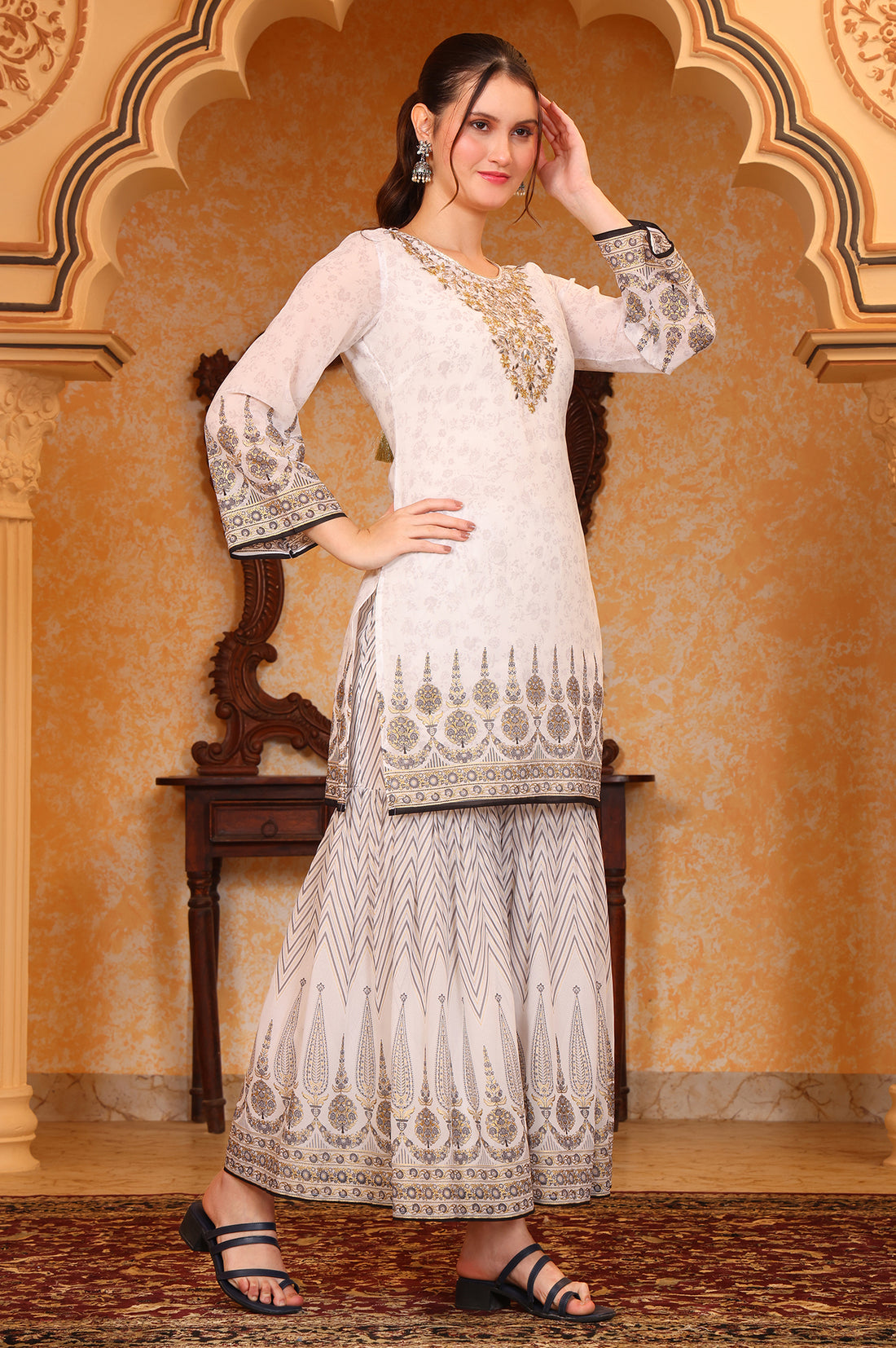 White Abstract Printed Zari Embroidered Straight Kurta, Sharara and Dupatta Set