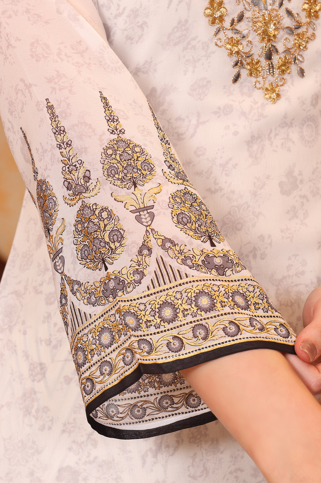 White Abstract Printed Zari Embroidered Straight Kurta, Sharara and Dupatta Set