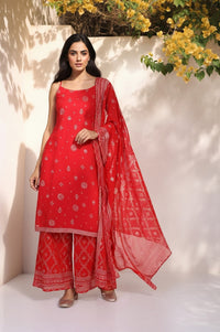 Red Abstract Printed Tape Straight Woven Kurta with Palazzo and Dupatta Set