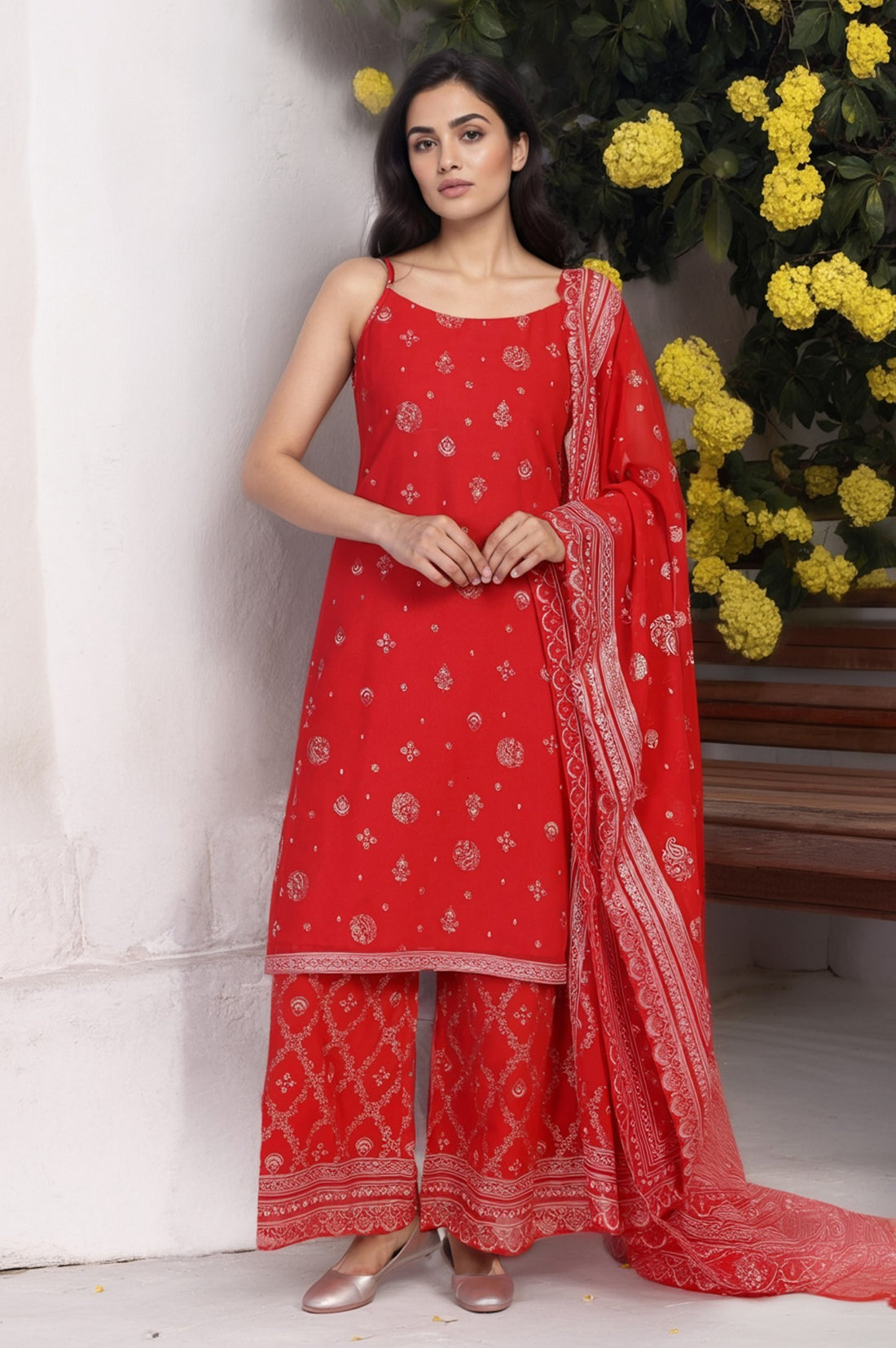 Red Abstract Printed Tape Straight Woven Kurta with Palazzo and Dupatta Set