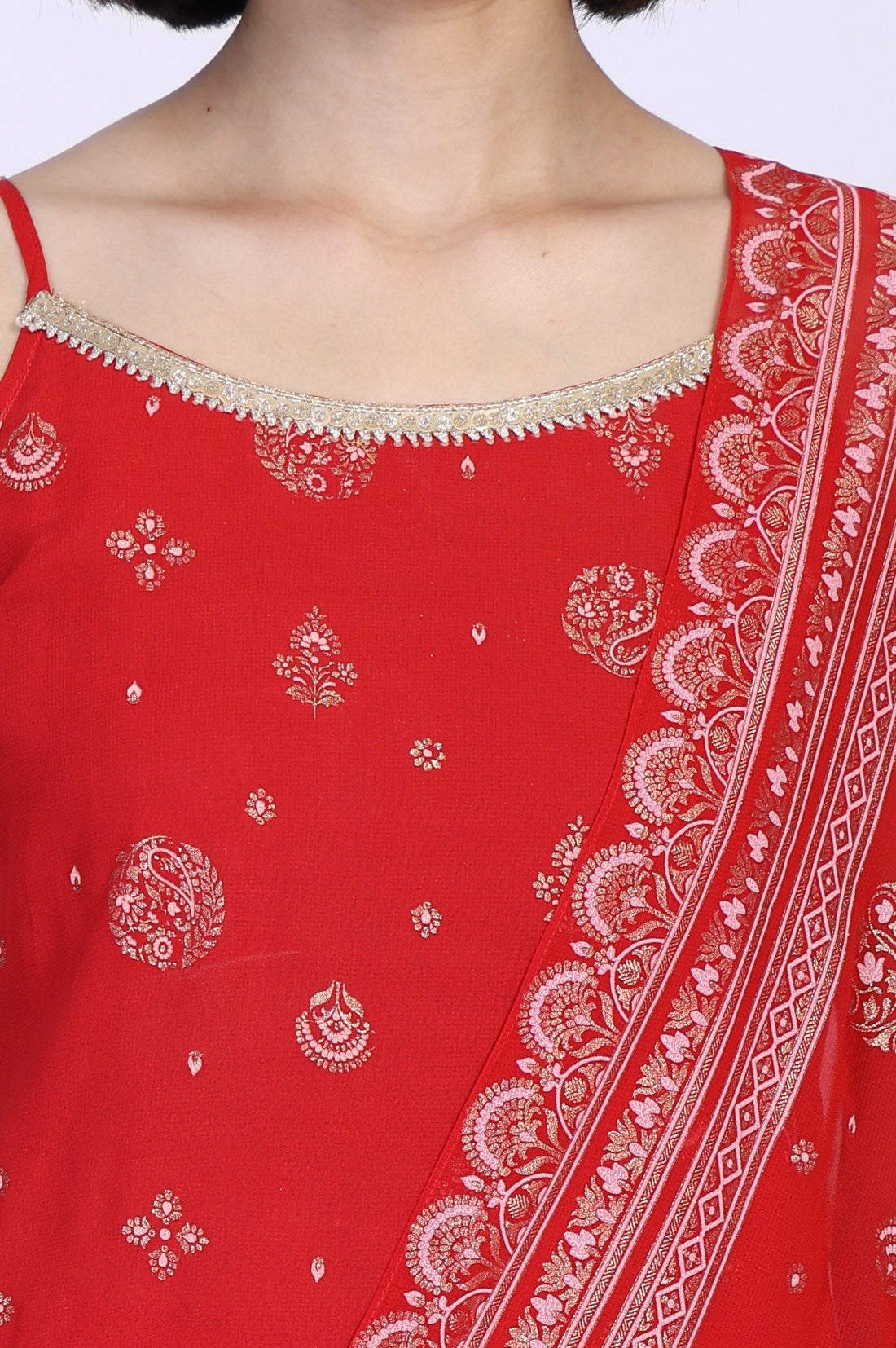 Red Abstract Printed Tape Straight Woven Kurta with Palazzo and Dupatta Set