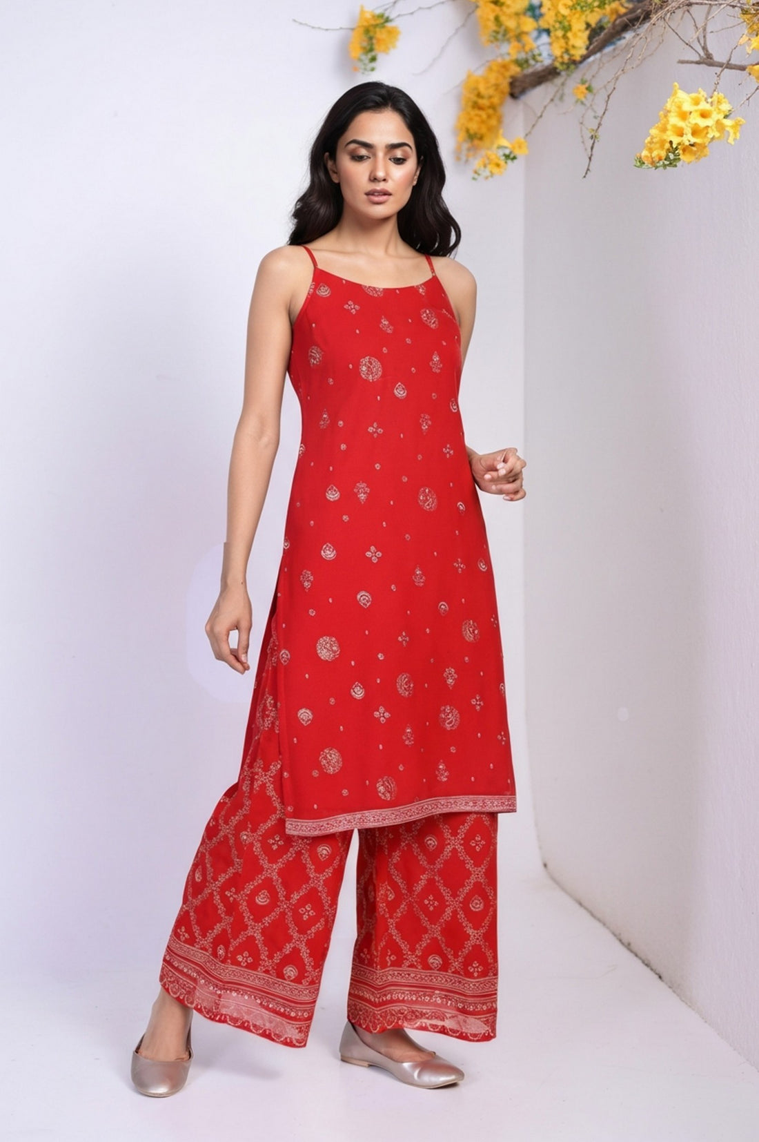 Red Abstract Printed Tape Straight Woven Kurta with Palazzo and Dupatta Set