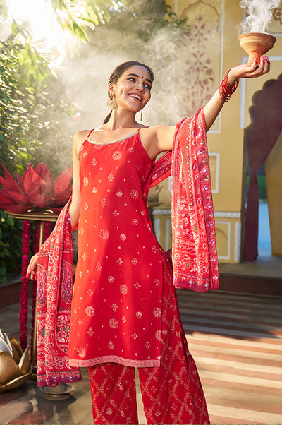Red Abstract Printed Tape Straight Woven Kurta with Palazzo and Dupatta Set