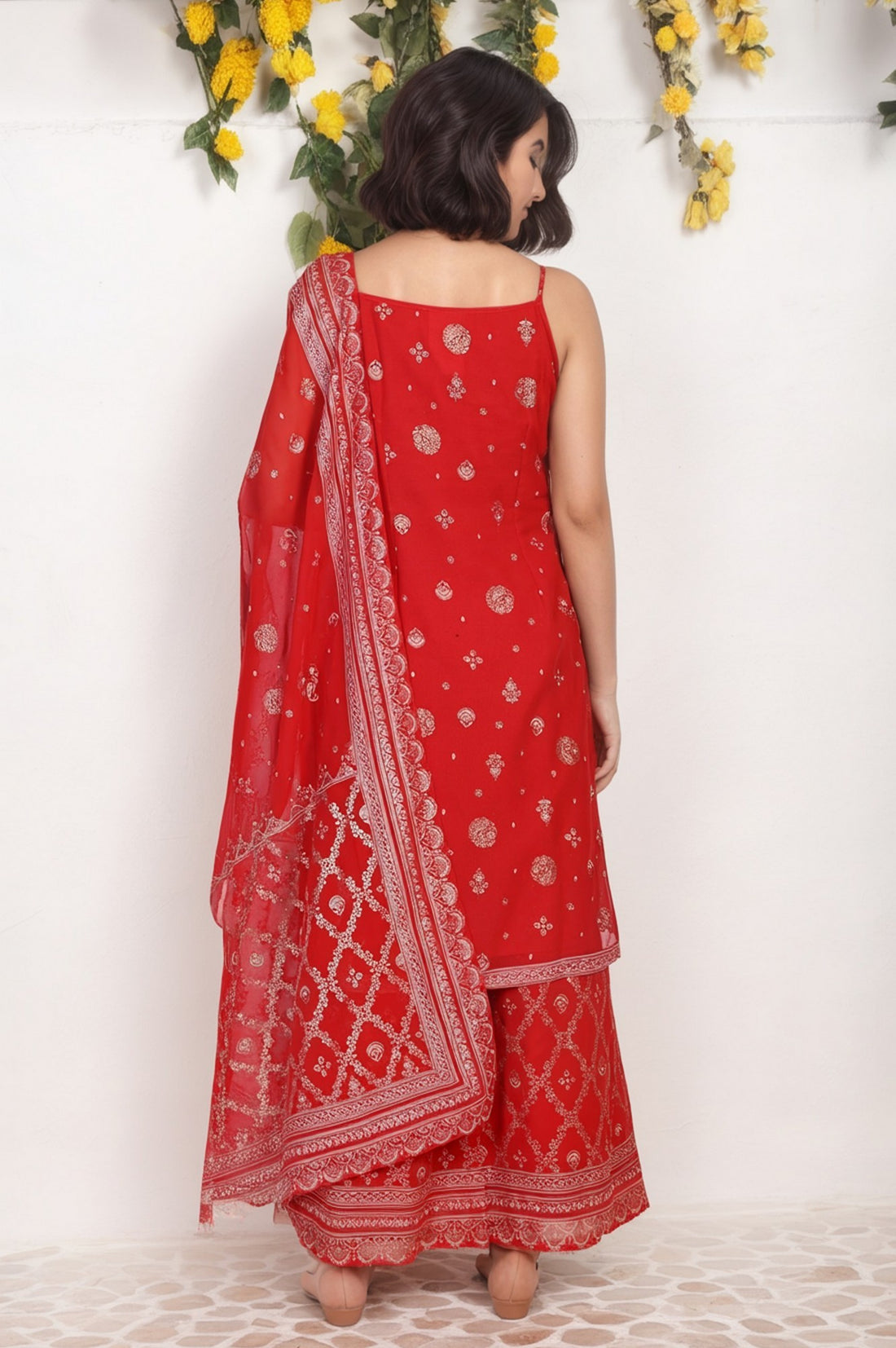 Red Abstract Printed Tape Straight Woven Kurta with Palazzo and Dupatta Set