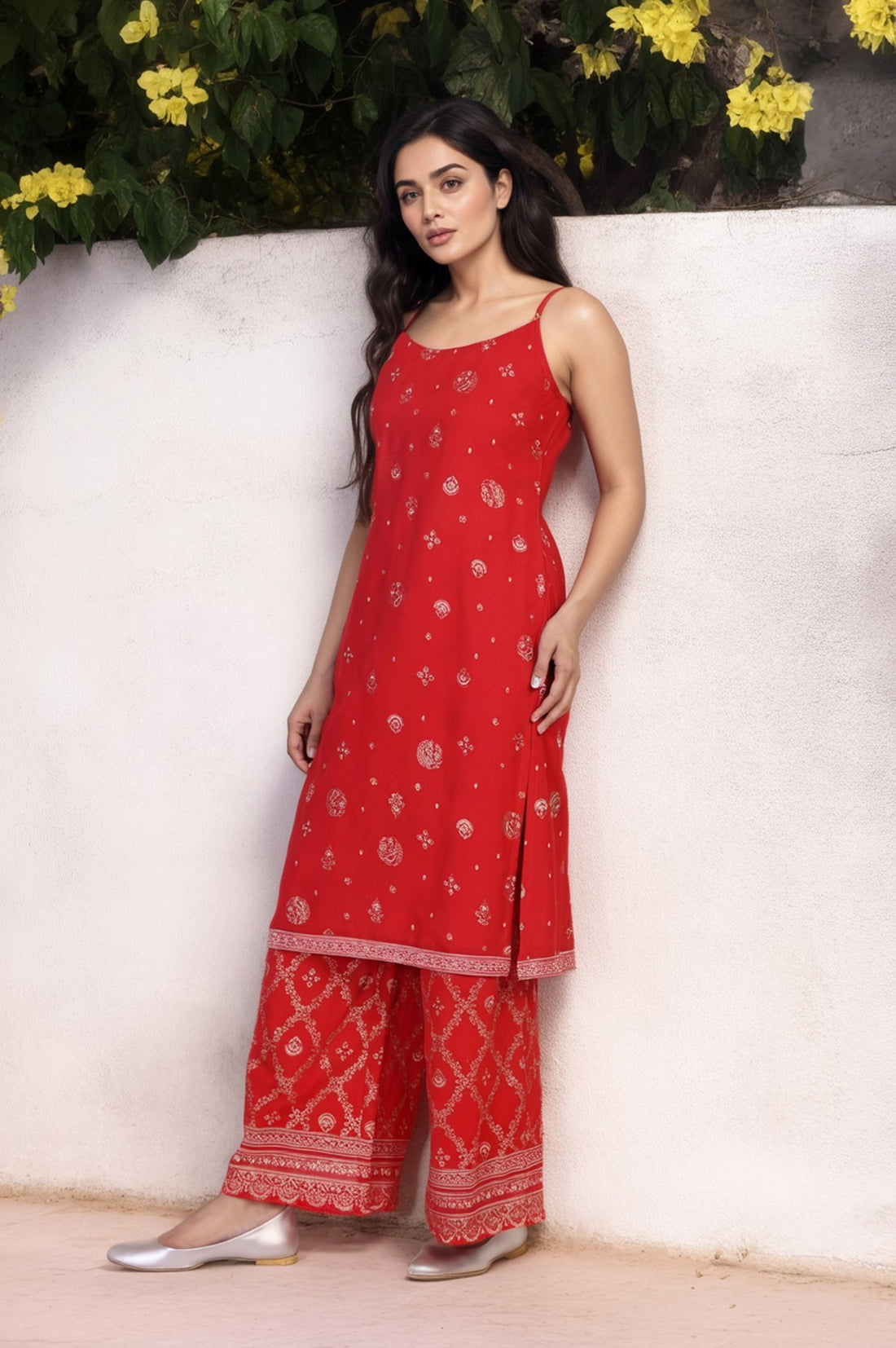 Red Abstract Printed Tape Straight Woven Kurta with Palazzo and Dupatta Set