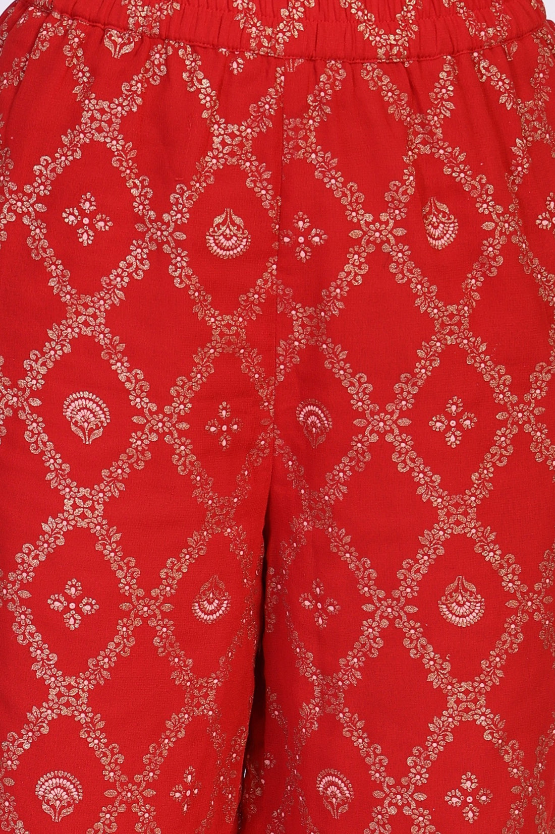 Red Abstract Printed Tape Straight Woven Kurta with Palazzo and Dupatta Set