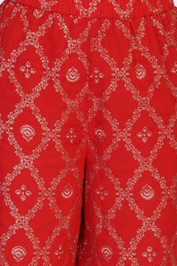 Red Abstract Printed Tape Straight Woven Kurta with Palazzo and Dupatta Set