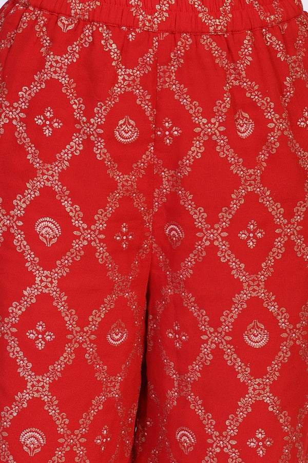 Red Abstract Printed Tape Straight Woven Kurta with Palazzo and Dupatta Set