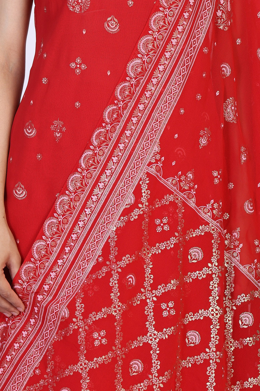 Red Abstract Printed Tape Straight Woven Kurta with Palazzo and Dupatta Set