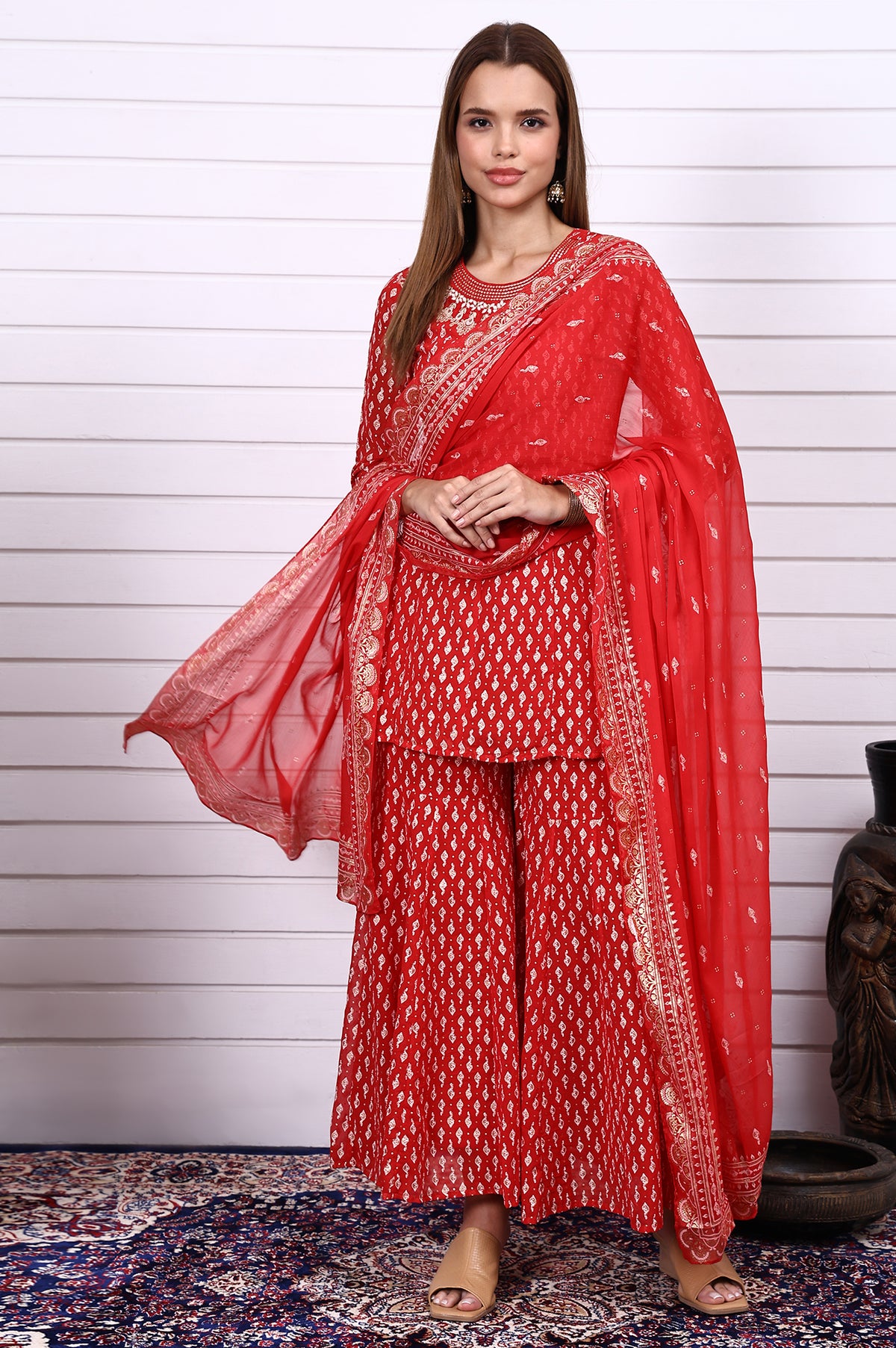 Red Ethnic Motifs Zari Embroidered Flared Kurta, Sharara and Dupatta Set - S