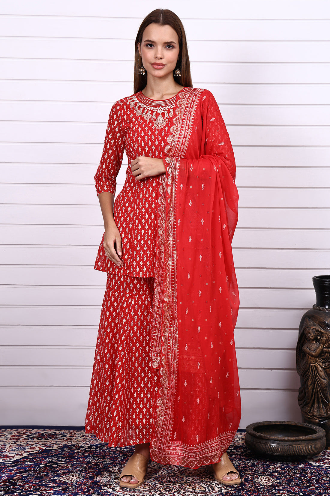 Red Ethnic Motifs Zari Embroidered Flared Kurta, Sharara and Dupatta Set