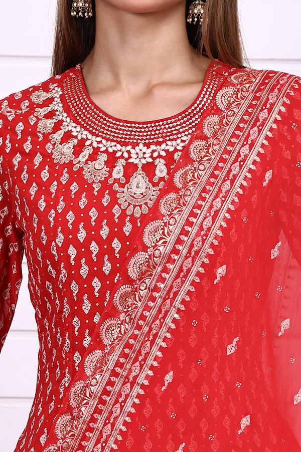 Red Ethnic Motifs Zari Embroidered Flared Kurta, Sharara and Dupatta Set
