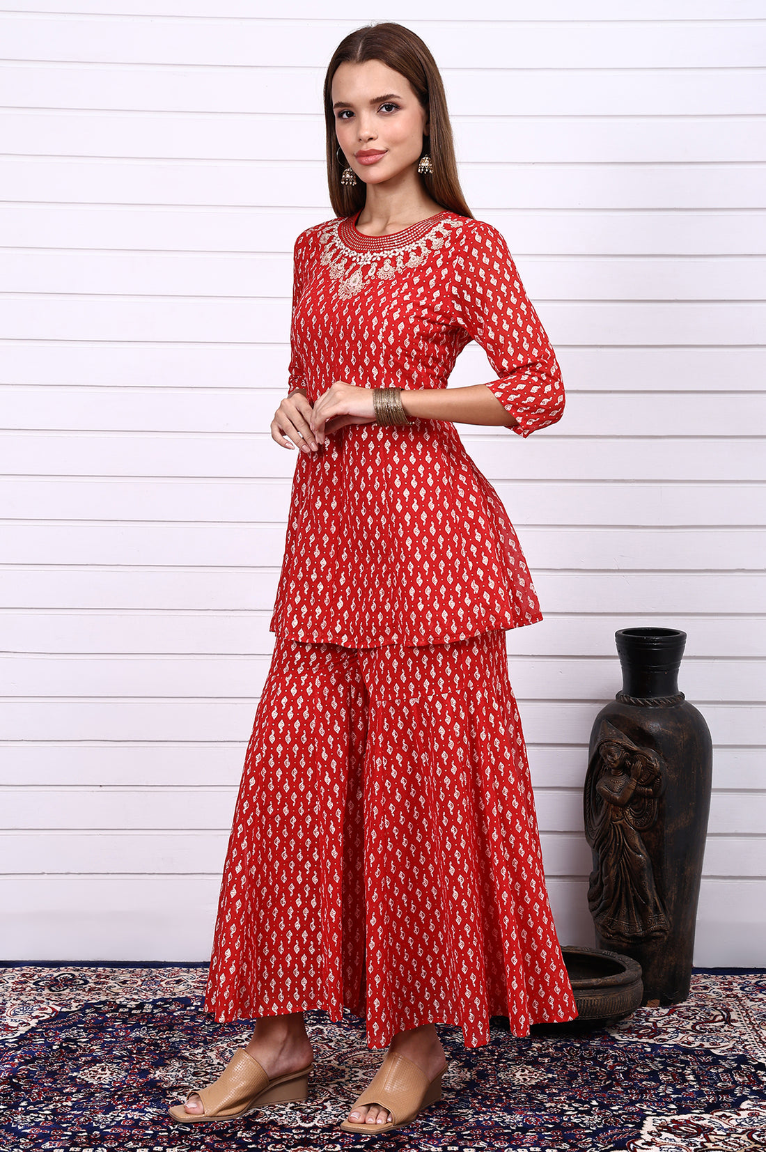 Red Ethnic Motifs Zari Embroidered Flared Kurta, Sharara and Dupatta Set