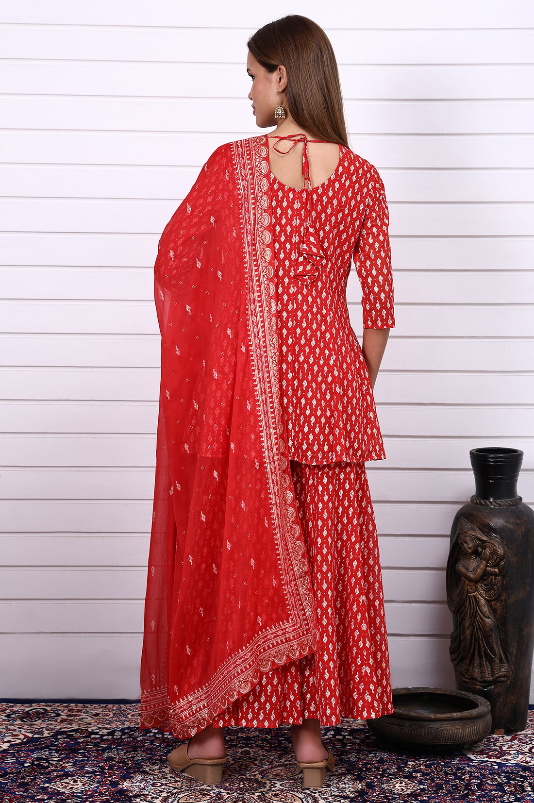 Red Ethnic Motifs Zari Embroidered Flared Kurta, Sharara and Dupatta Set