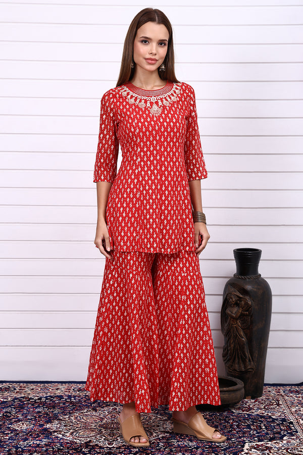 Red Ethnic Motifs Zari Embroidered Flared Kurta, Sharara and Dupatta Set