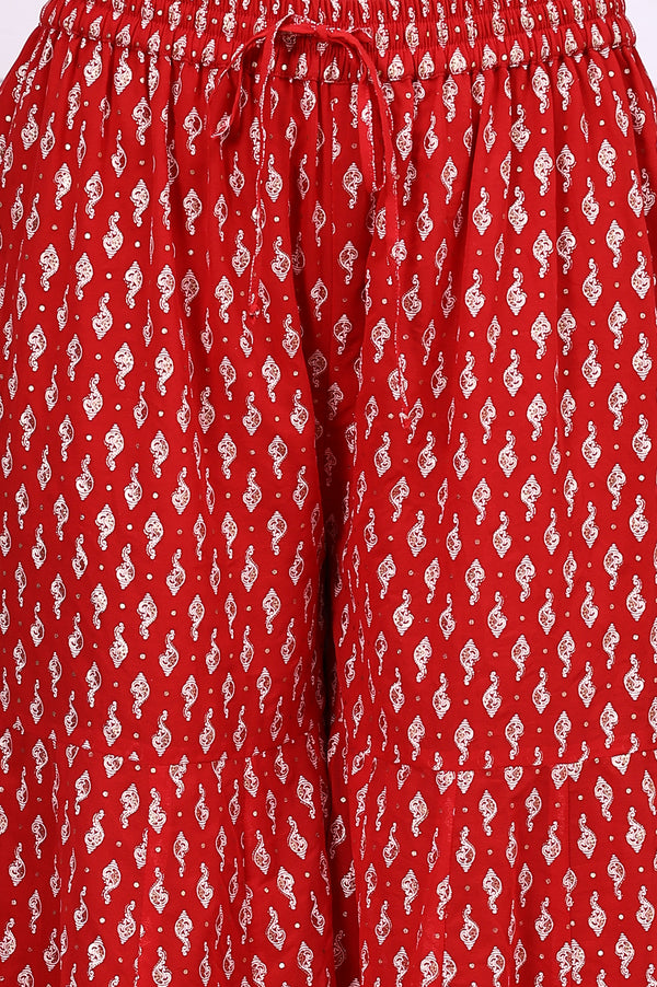 Red Ethnic Motifs Zari Embroidered Flared Kurta, Sharara and Dupatta Set