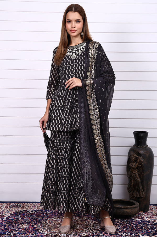 Black Ethnic Motifs Zari Embroidered Flared Kurta, Sharara and Dupatta Set