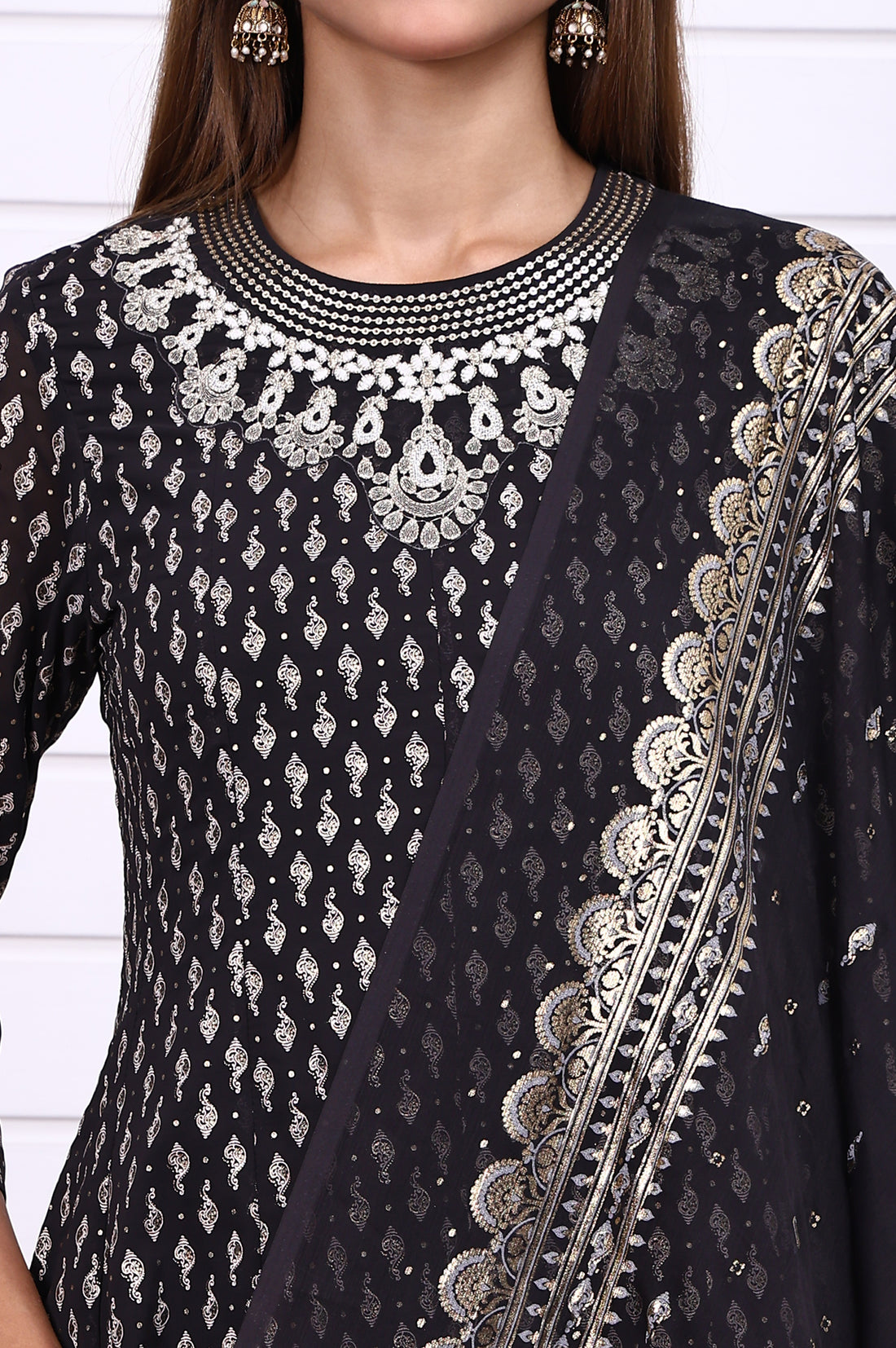 Black Ethnic Motifs Zari Embroidered Flared Kurta, Sharara and Dupatta Set