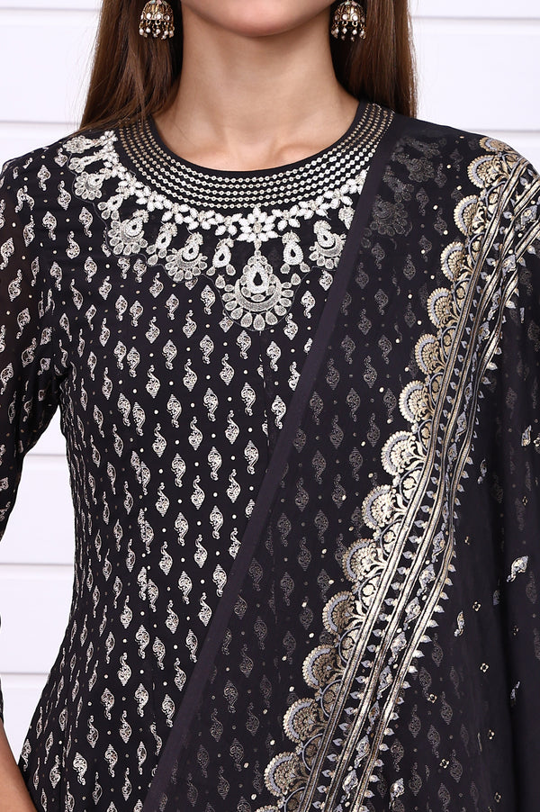 Black Ethnic Motifs Zari Embroidered Flared Kurta, Sharara and Dupatta Set