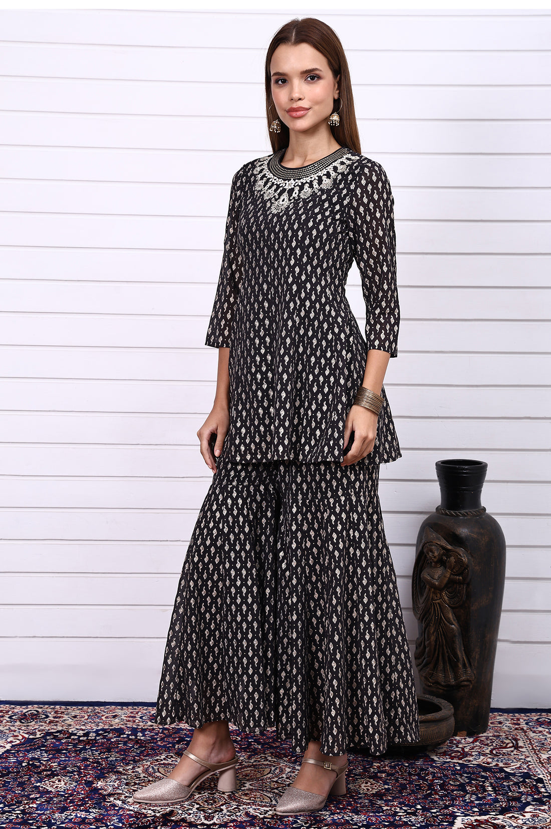 Black Ethnic Motifs Zari Embroidered Flared Kurta, Sharara and Dupatta Set