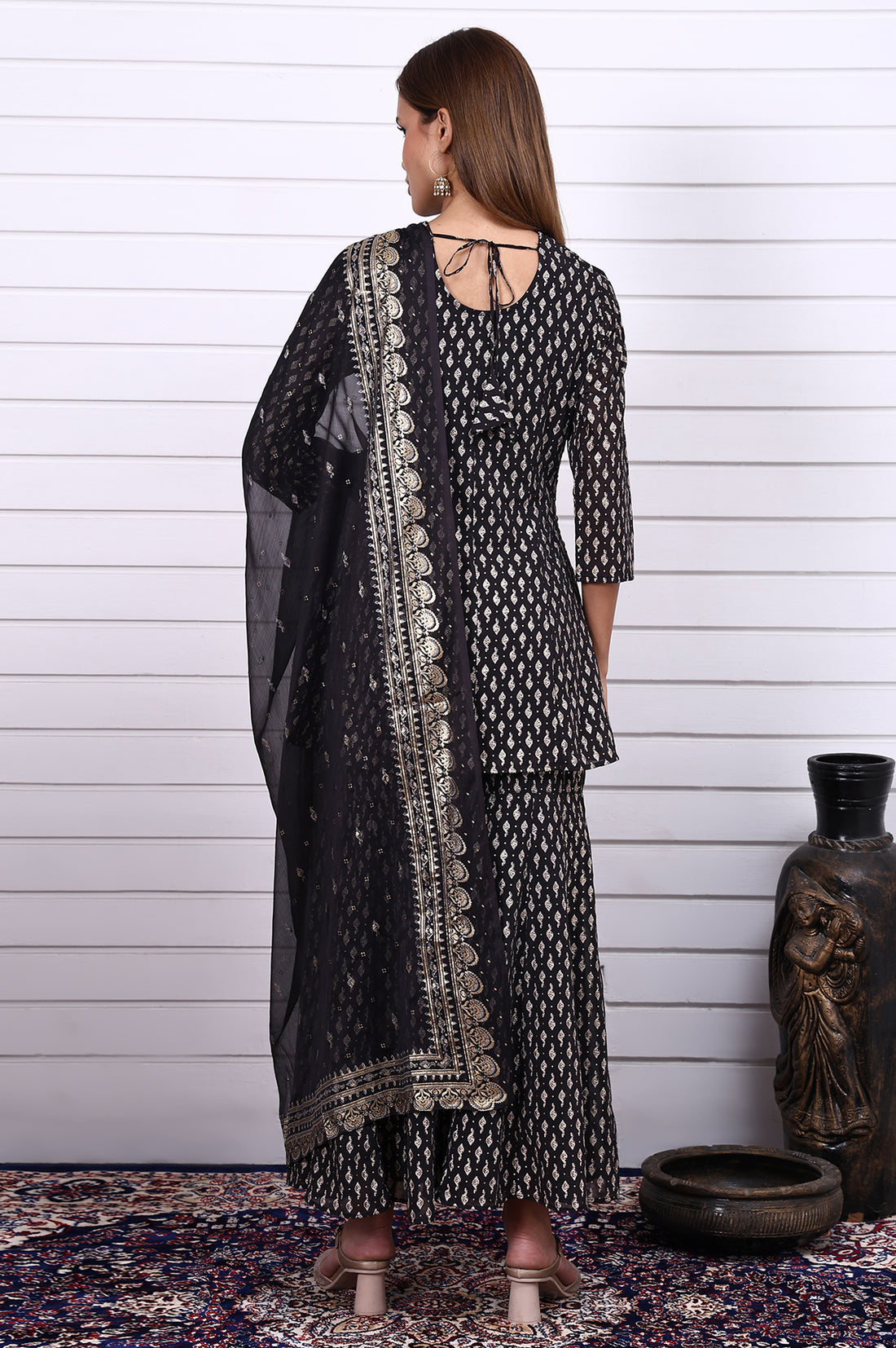 Black Ethnic Motifs Zari Embroidered Flared Kurta, Sharara and Dupatta Set
